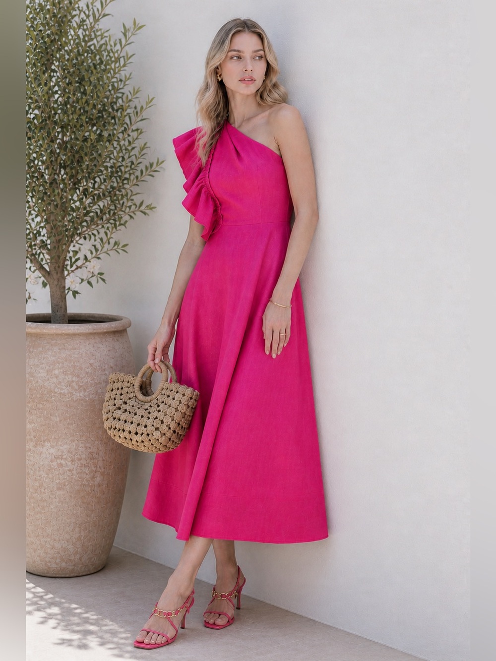 NWT Aje Bonjour Ruffle One-Shoulder Linen Midi Dress in Pink Size US 2